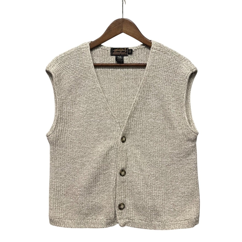 Vtg Eddie Bauer Cable Chunky Knit Sweater Vest Mens L Fishermans Grandpa Oatmeal